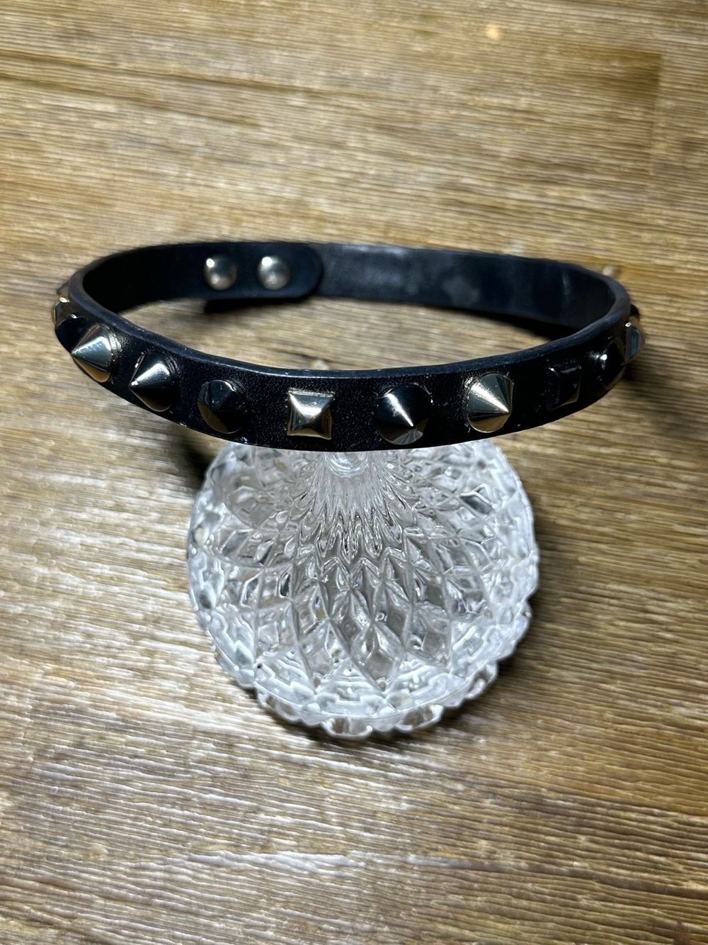 DF Black Leather Studded Choker Necklace with Mixed Metal Studs
